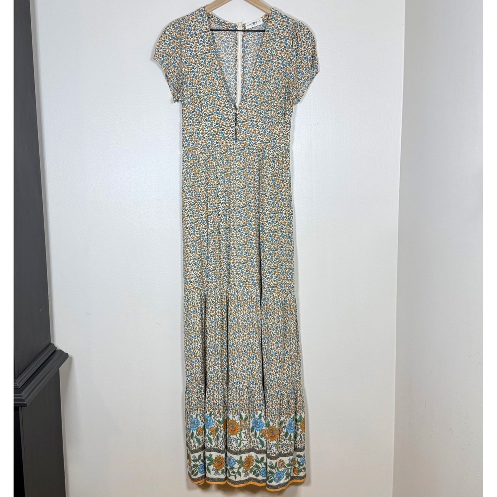 Natural Life Womens Maxi Dress Size S Blue Orange Floral Tiered Boho Cottagecore
